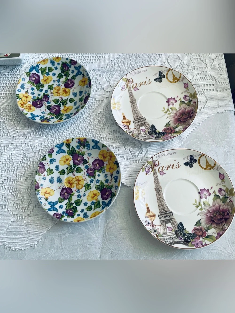 4 Floral Paris Porcelain Tea Saucer Set - White with Purple & Yellow Flowers